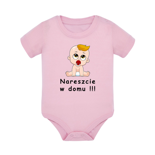 Body dziecięce z krótkim rękawem w kolorze jasny róż nadruk N0002