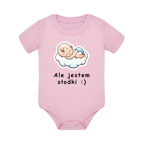 Body dziecięce z krótkim rękawem w kolorze jasny róż nadruk N0023