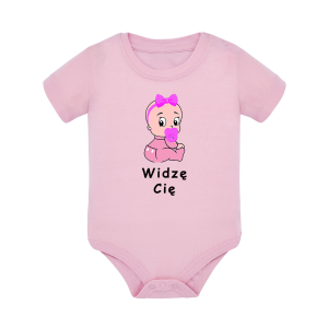 Body dziecięce z krótkim rękawem w kolorze jasny róż nadruk N0040