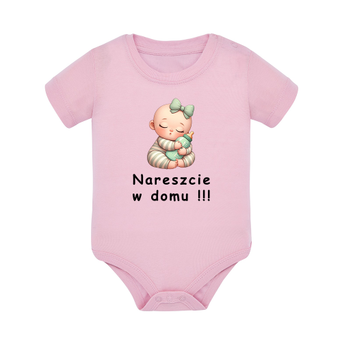 Body dziecięce z krótkim rękawem w kolorze jasny róż nadruk N0081
