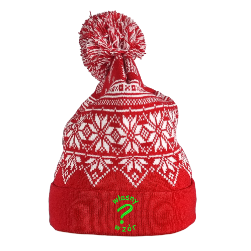 Czapka zimowa świąteczna z pomponem i własnym haftem – wzór norweski, akryl