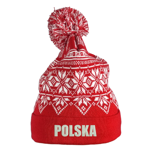Czapka Zimowa POLSKA Pompon Akryl Wzór Norweski Kibica Ciepła UNISEX