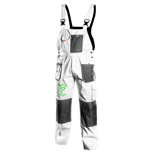 Spodnie robocze na szelkach ogrodniczki białe HD Neo Tools z haftem własnego wzoru front