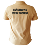 Piaskowe polo męskie z haftowanymi napisami Państwowa Straż Pożarna tył