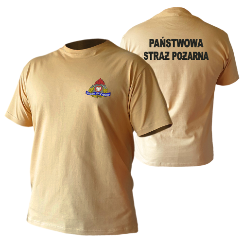 T-shirt w kolorze piaskowym z haftem logo i napisami Państwowa Straż Pożarna