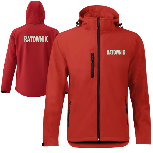 Kurtka czerwona ratownik softshell z kapturem haft wodoodporna oddychająca