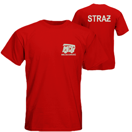 Czerwony T-shirt STRAŻ MDP z haftem nazwa własnej miejscowości